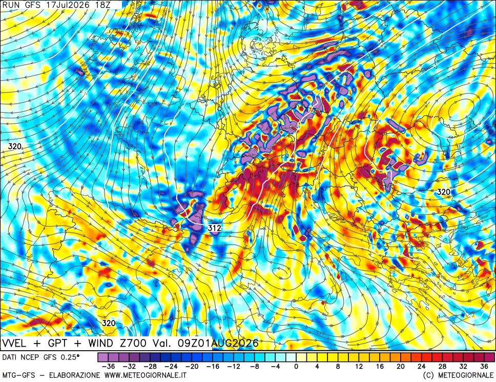 mappa 700 hPa Velocit&agrave; verticiali + GPT + Vento