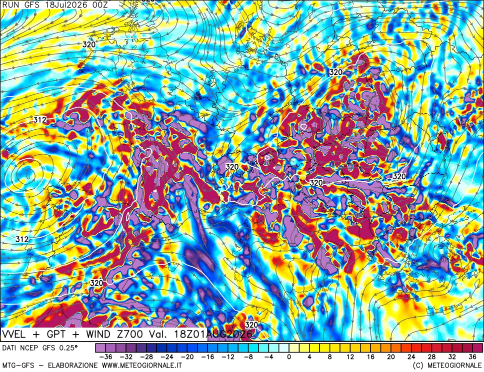 mappa 700 hPa Velocit&agrave; verticiali + GPT + Vento