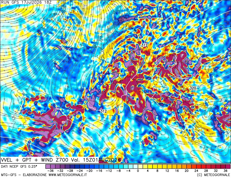 mappa 700 hPa Velocit&agrave; verticiali + GPT + Vento