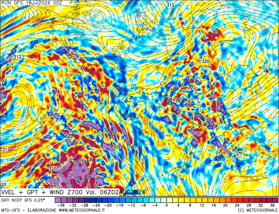 mappa 700 hPa Velocit&agrave; verticiali + GPT + Vento