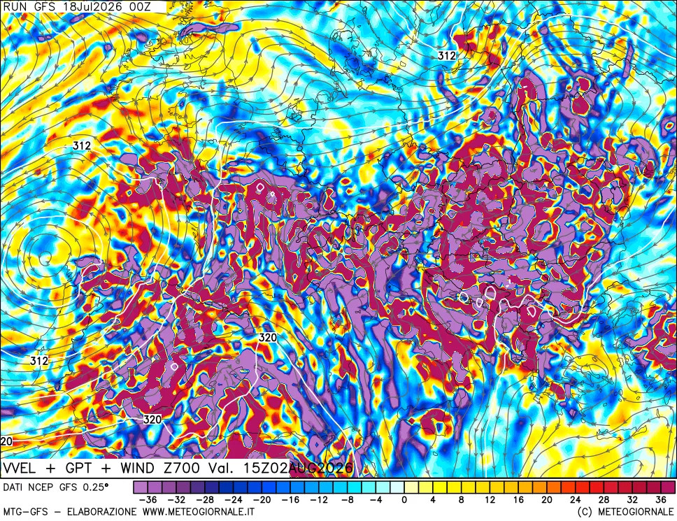 mappa 700 hPa Velocit&agrave; verticiali + GPT + Vento