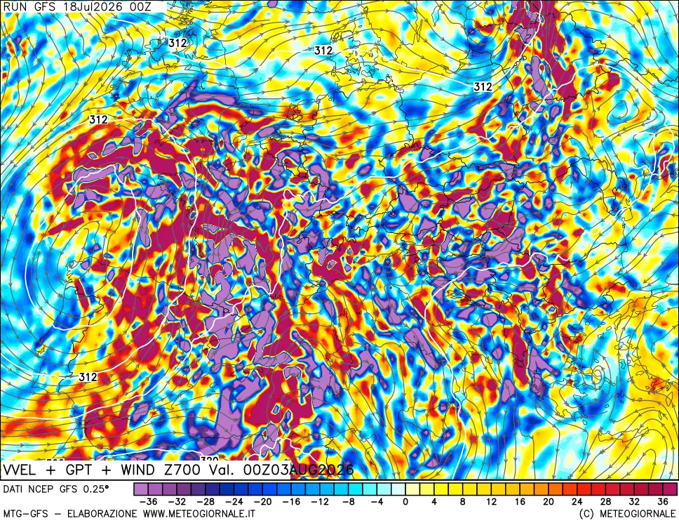mappa 700 hPa Velocit&agrave; verticiali + GPT + Vento