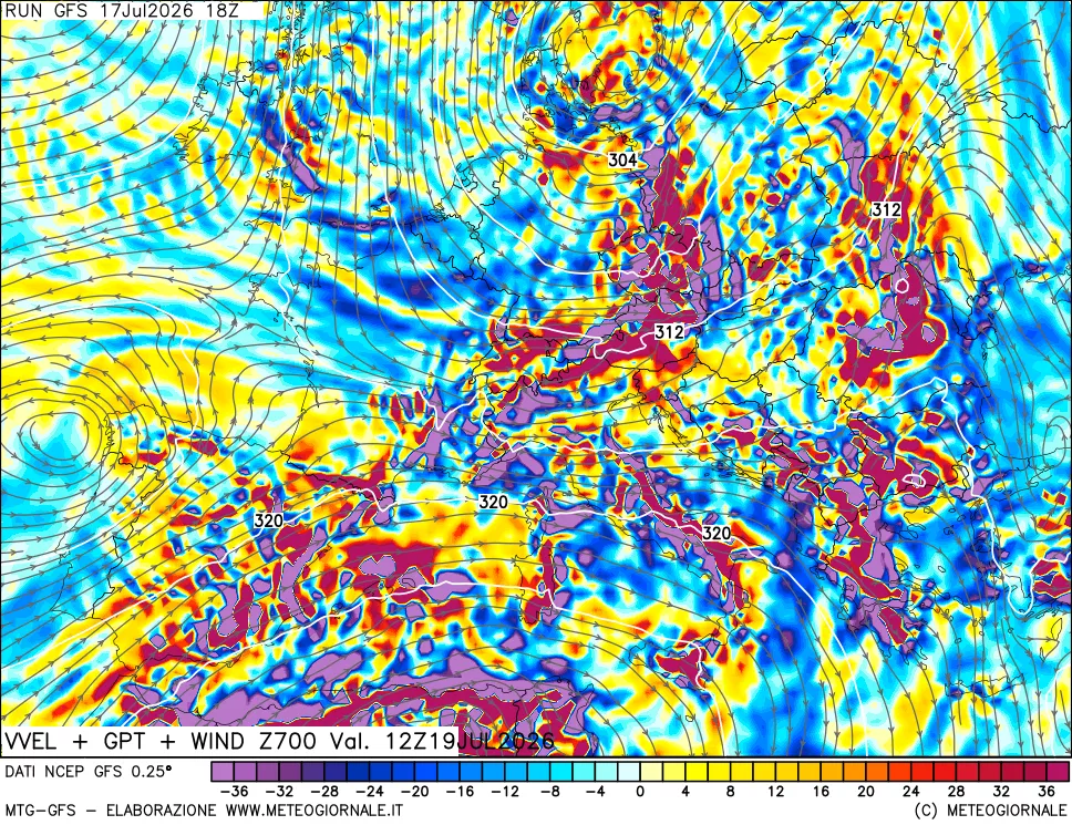 mappa 700 hPa Velocit&agrave; verticiali + GPT + Vento