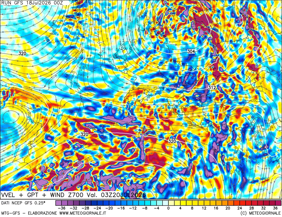 mappa 700 hPa Velocit&agrave; verticiali + GPT + Vento