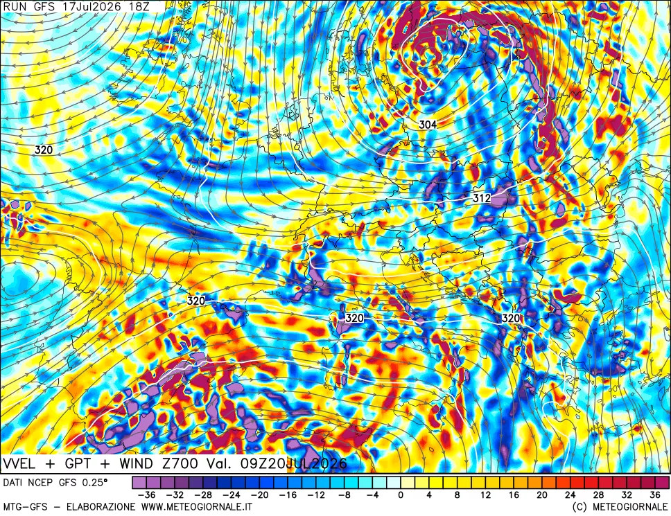 mappa 700 hPa Velocit&agrave; verticiali + GPT + Vento