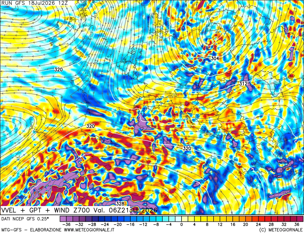 mappa 700 hPa Velocit&agrave; verticiali + GPT + Vento