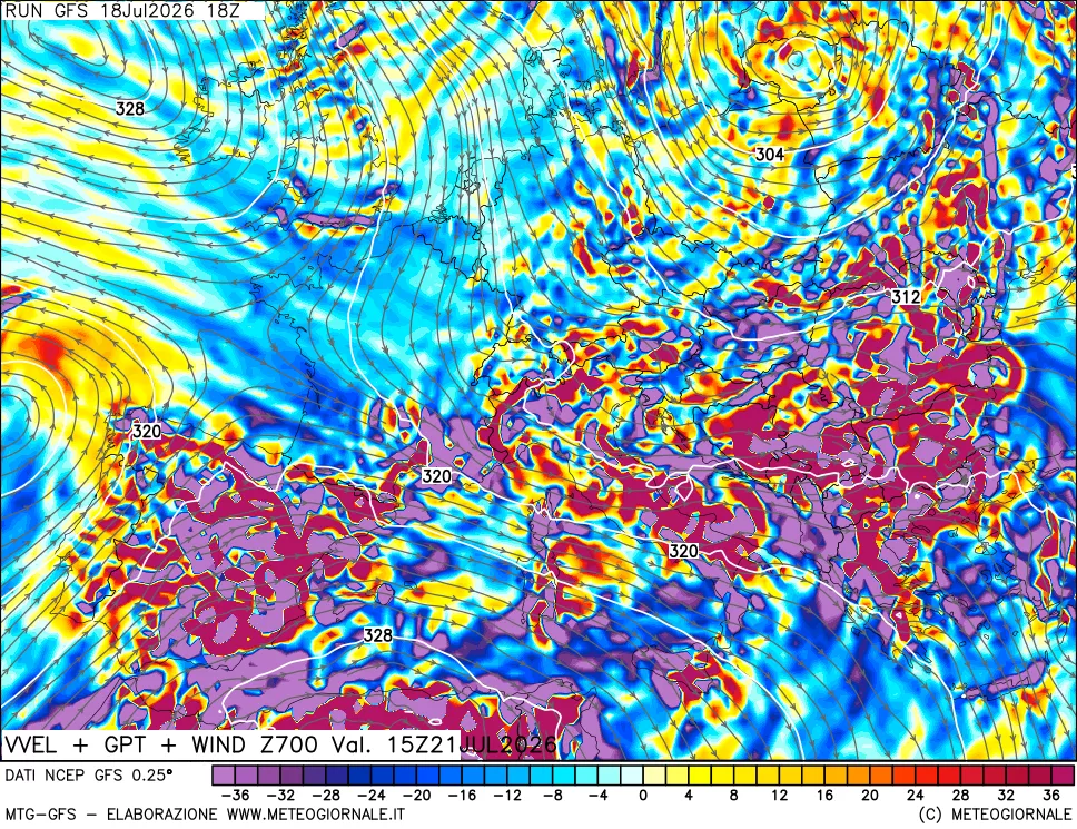 mappa 700 hPa Velocit&agrave; verticiali + GPT + Vento