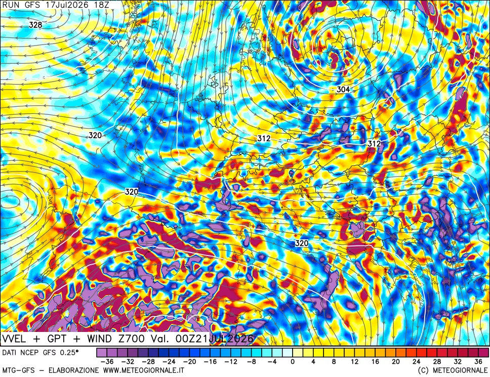 mappa 700 hPa Velocit&agrave; verticiali + GPT + Vento