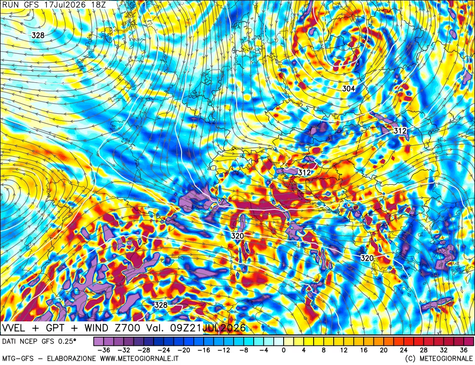 mappa 700 hPa Velocit&agrave; verticiali + GPT + Vento