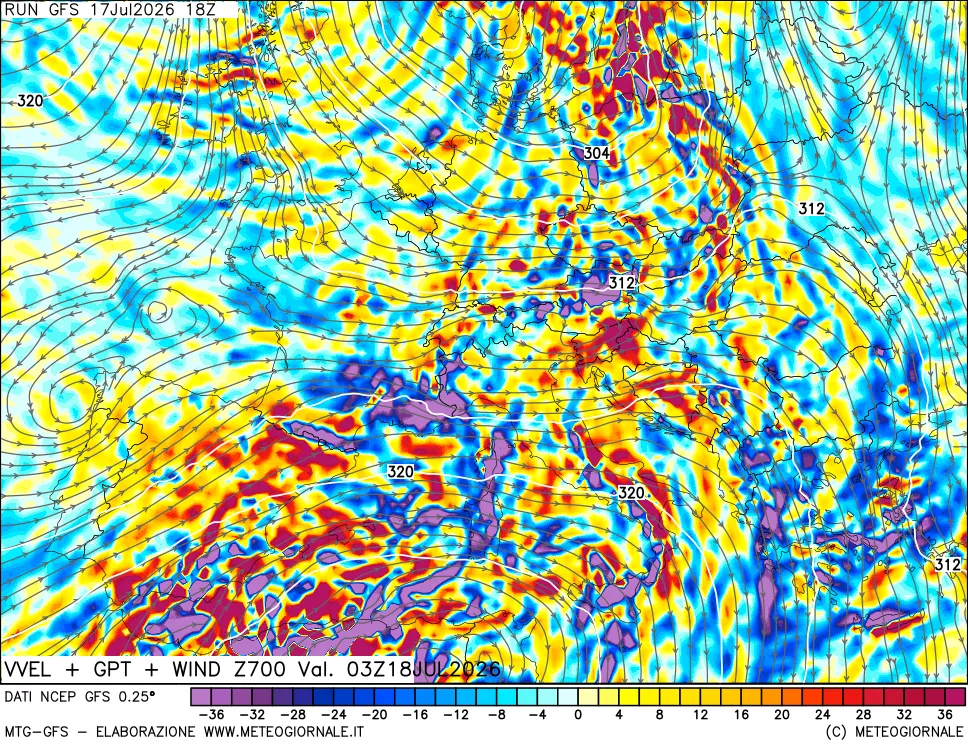 mappa 700 hPa Velocit&agrave; verticiali + GPT + Vento