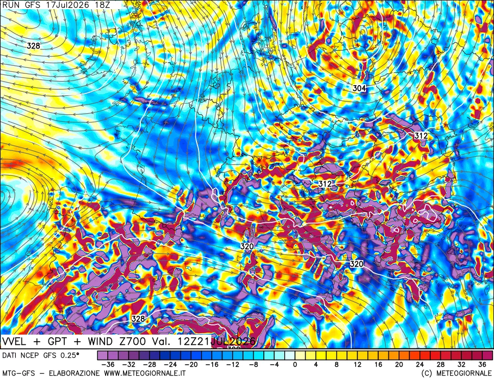 mappa 700 hPa Velocit&agrave; verticiali + GPT + Vento