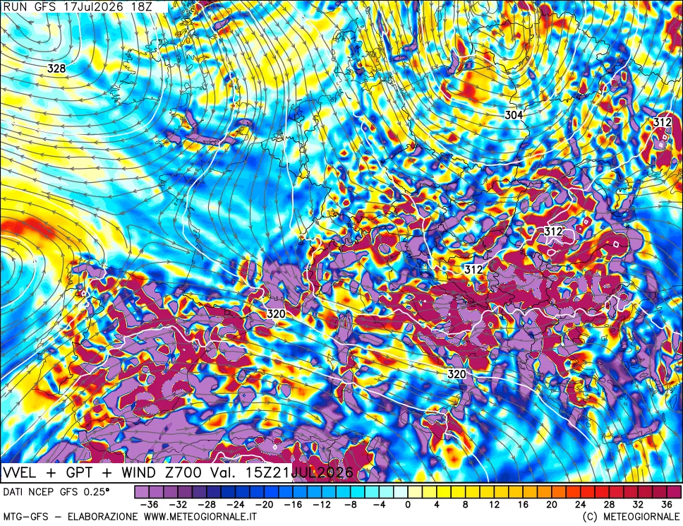 mappa 700 hPa Velocit&agrave; verticiali + GPT + Vento