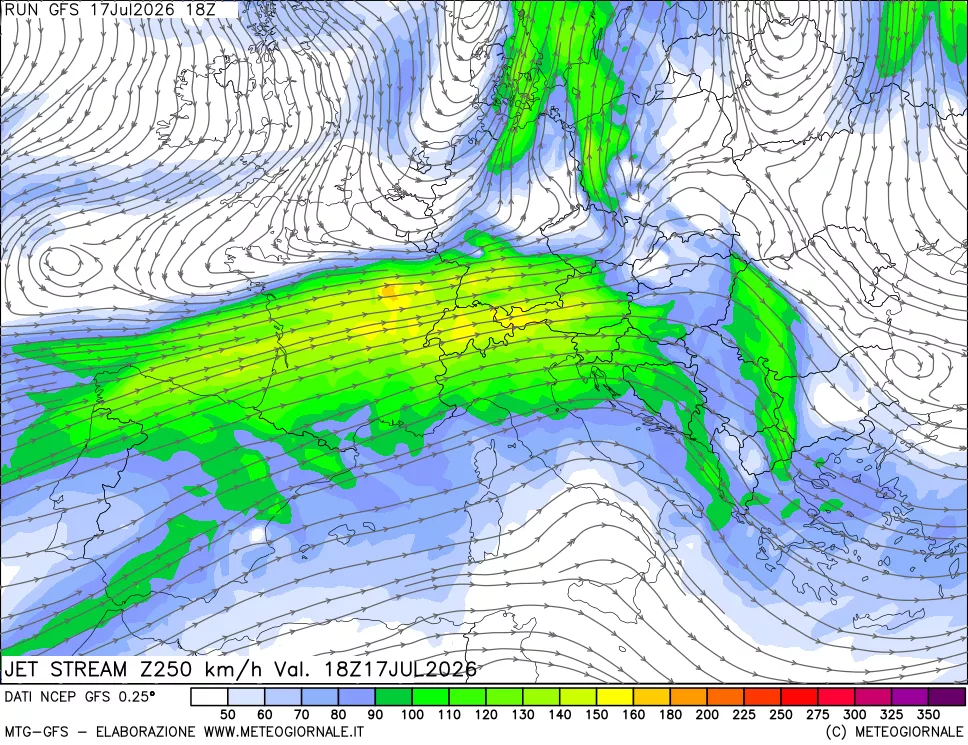 mappa 250 hPa Jet stream
