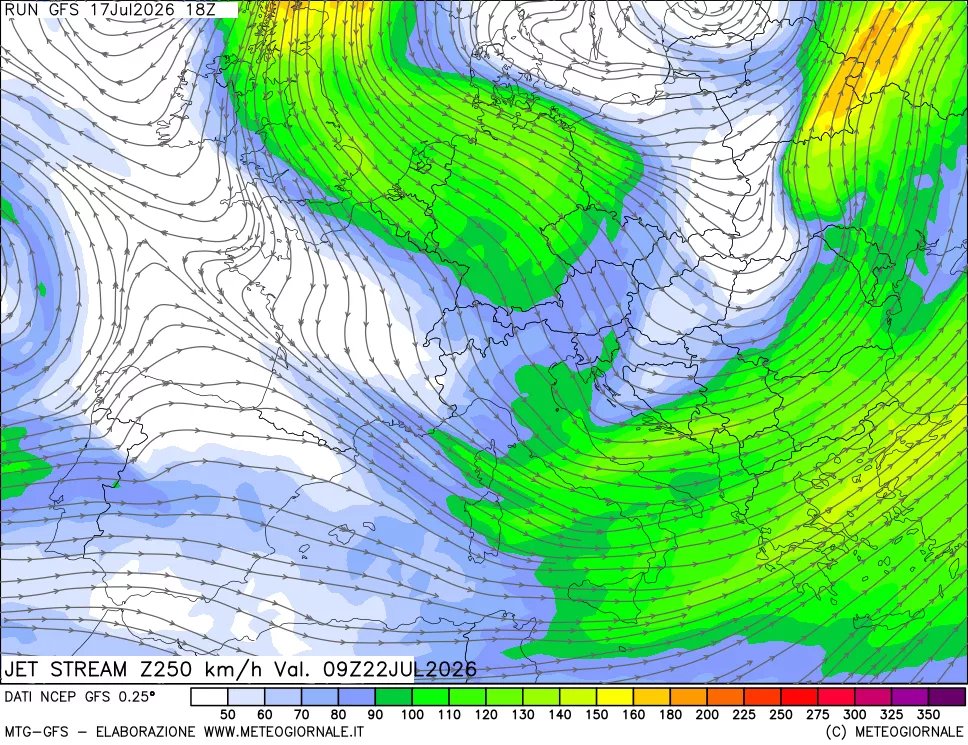 mappa 250 hPa Jet stream