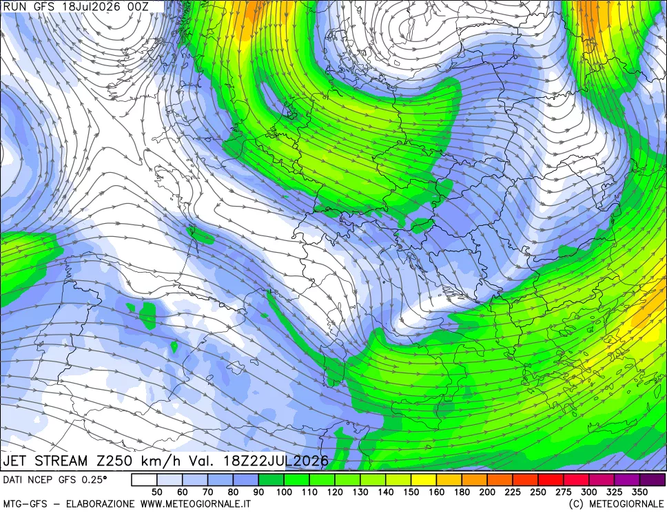 mappa 250 hPa Jet stream