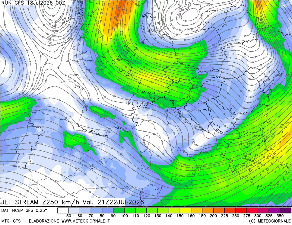 mappa 250 hPa Jet stream
