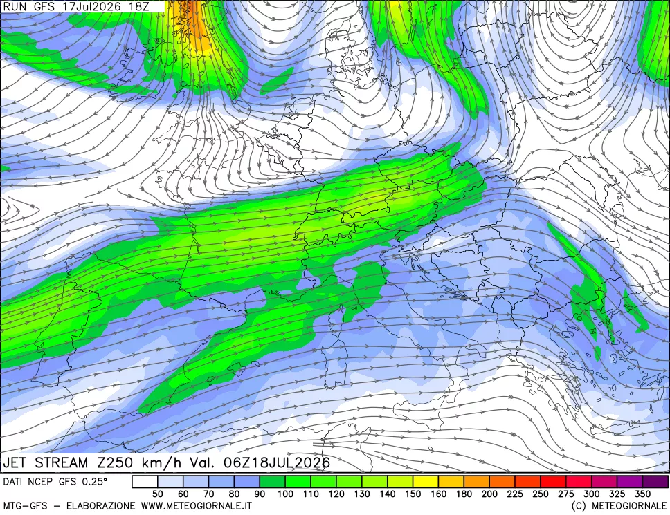 mappa 250 hPa Jet stream
