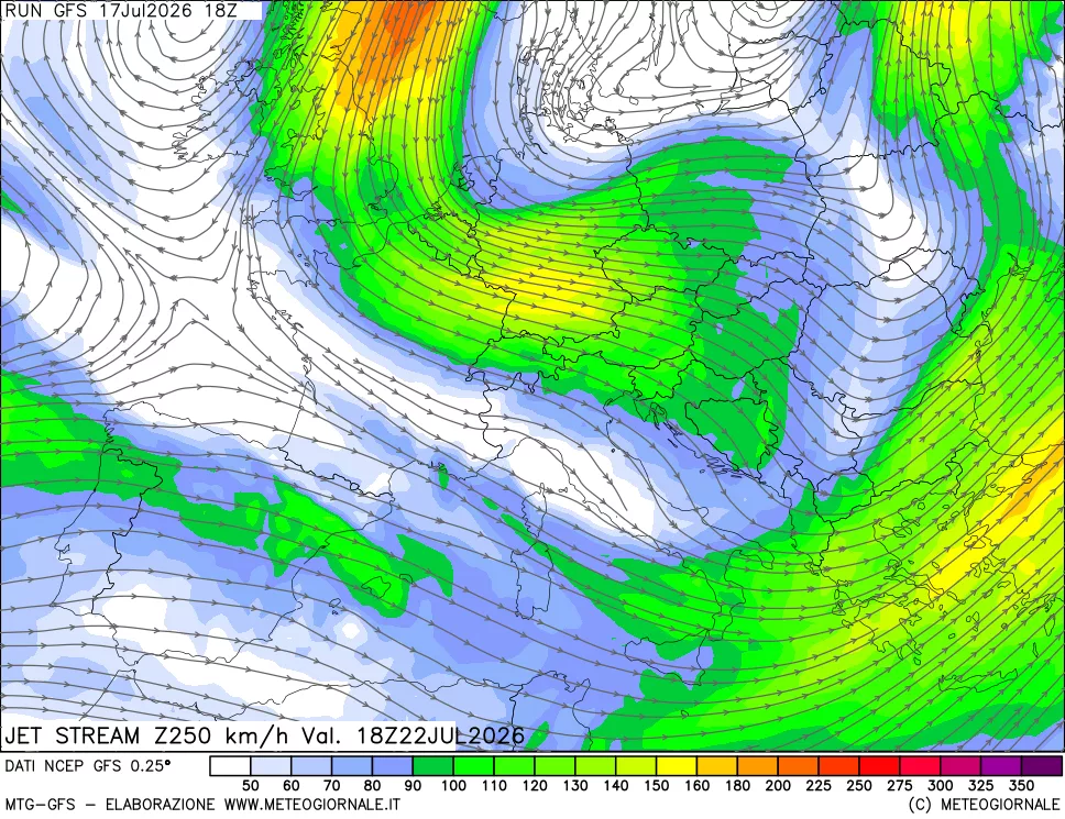 mappa 250 hPa Jet stream