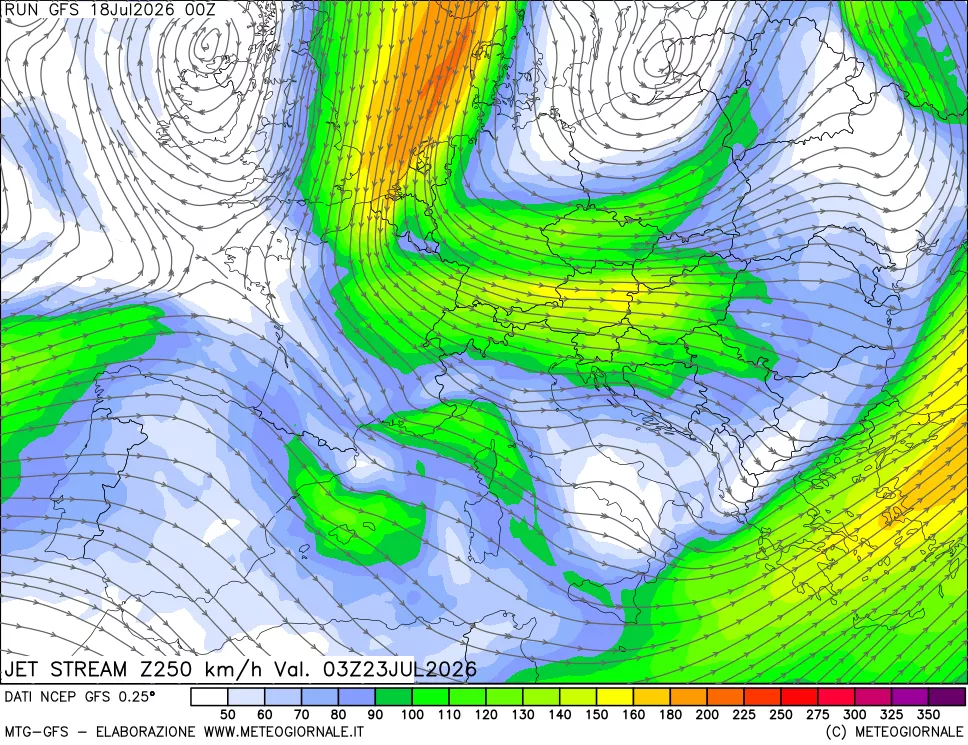 mappa 250 hPa Jet stream