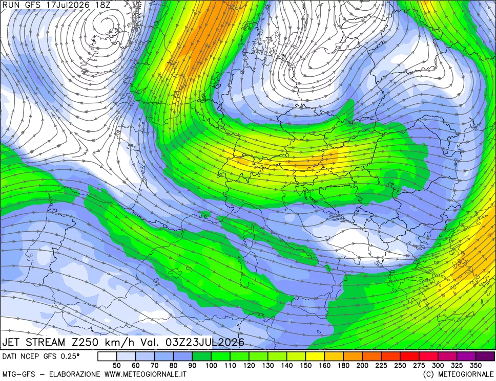 mappa 250 hPa Jet stream