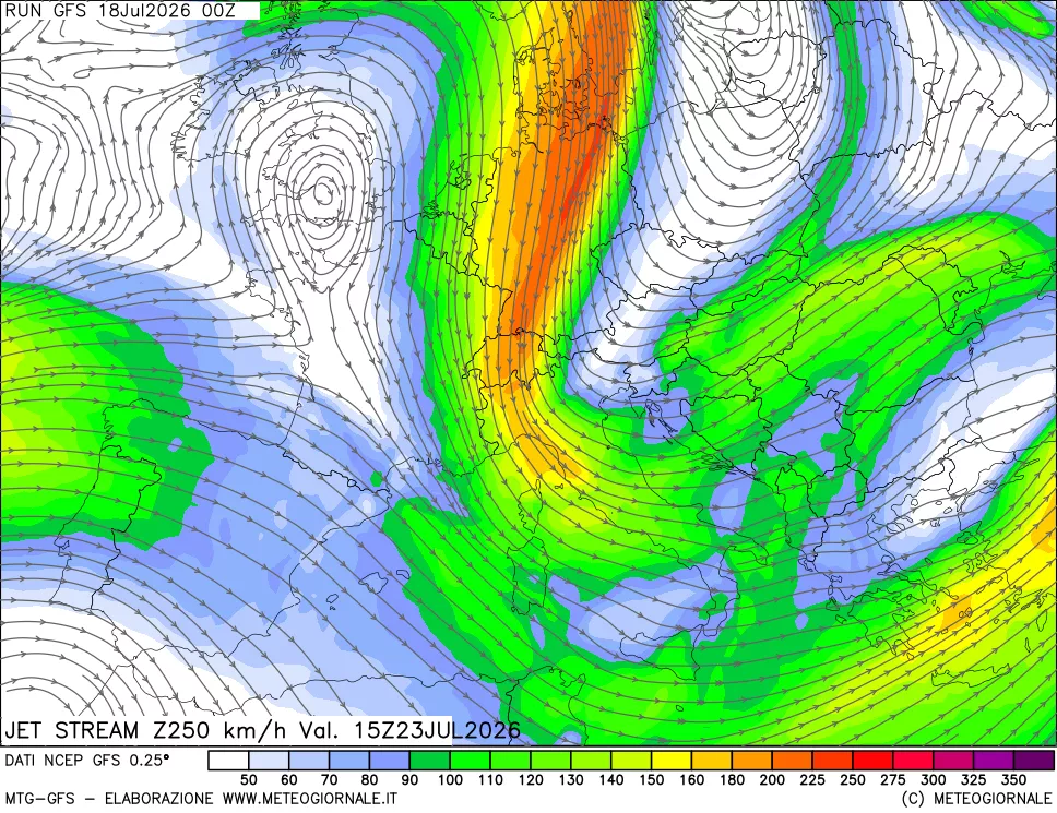 mappa 250 hPa Jet stream
