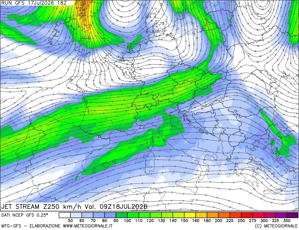 mappa 250 hPa Jet stream