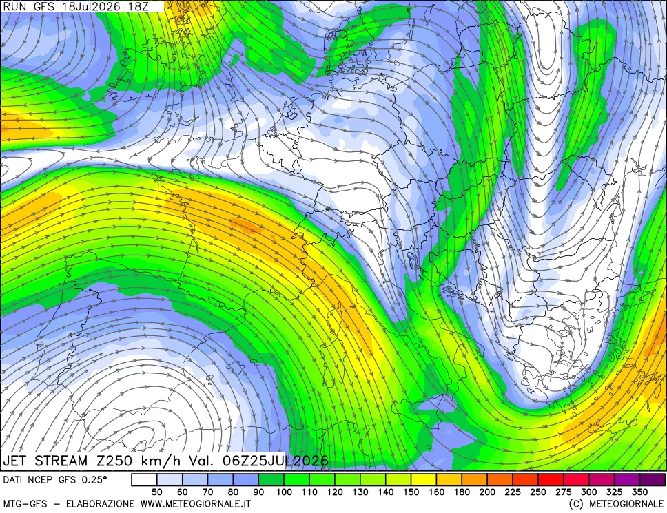 mappa 250 hPa Jet stream