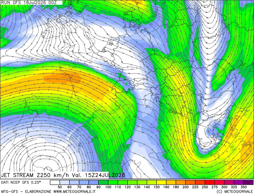 mappa 250 hPa Jet stream