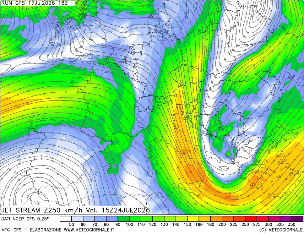 mappa 250 hPa Jet stream