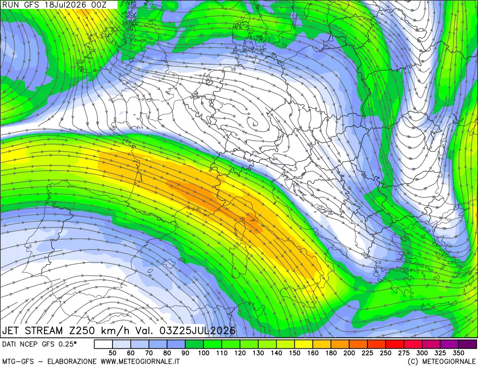 mappa 250 hPa Jet stream