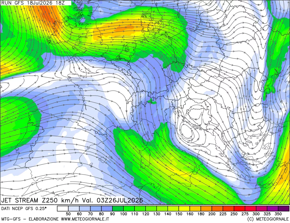 mappa 250 hPa Jet stream