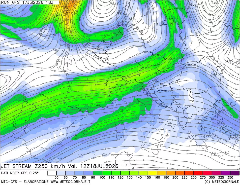 mappa 250 hPa Jet stream