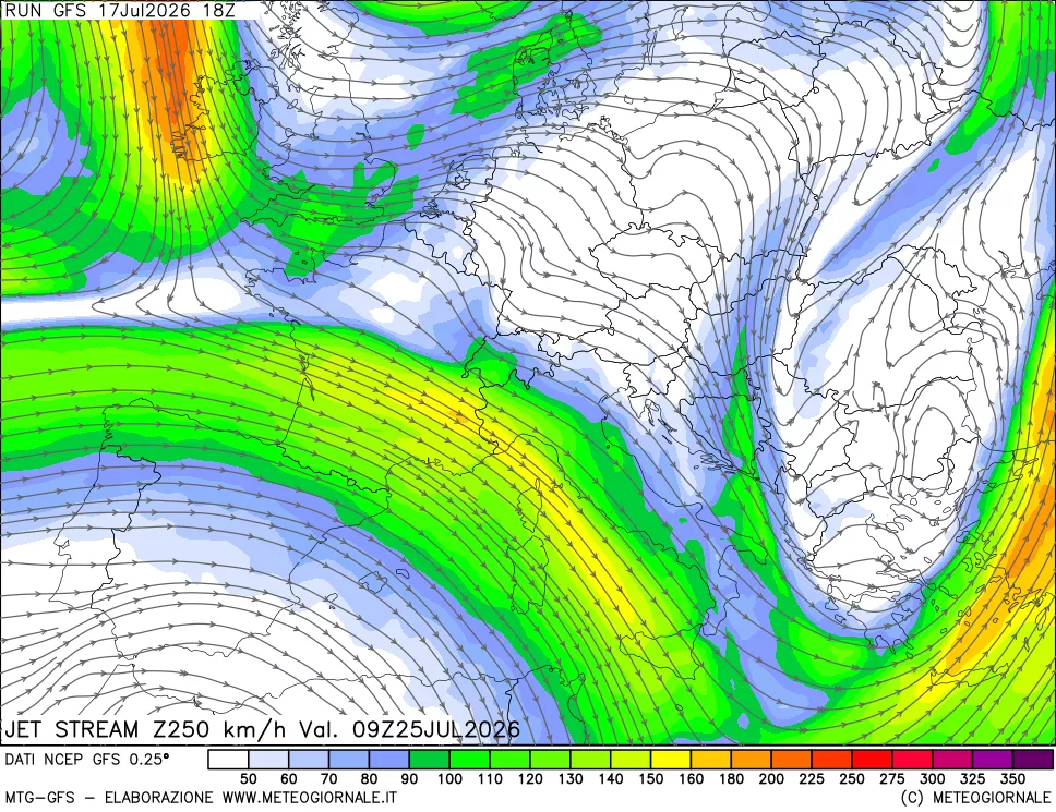 mappa 250 hPa Jet stream