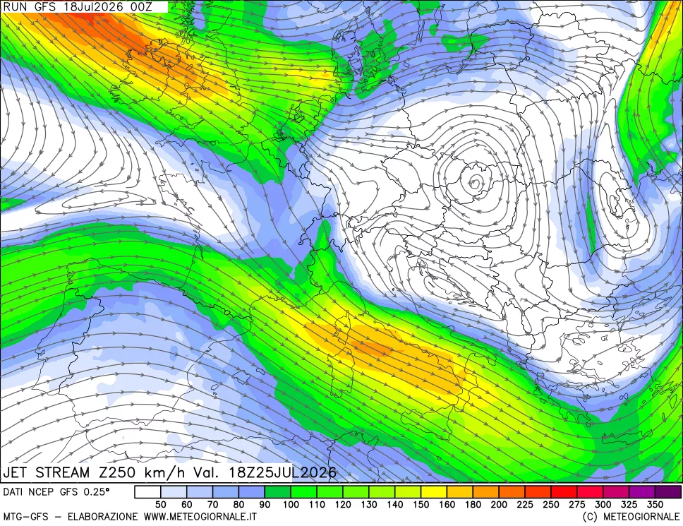 mappa 250 hPa Jet stream