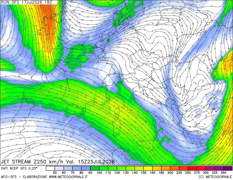 mappa 250 hPa Jet stream
