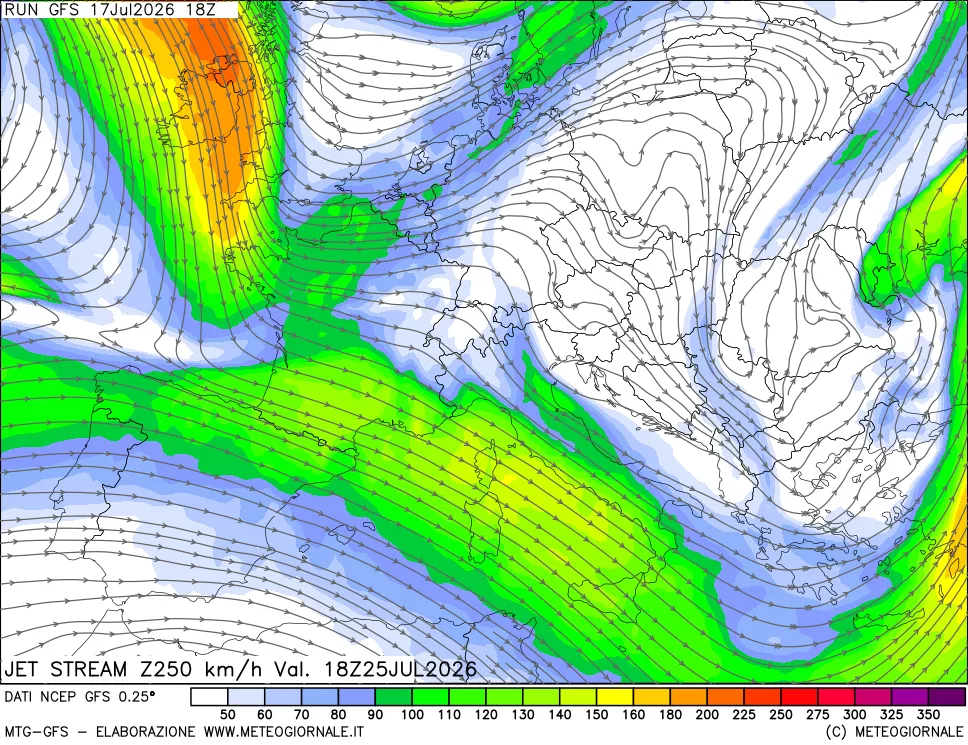 mappa 250 hPa Jet stream