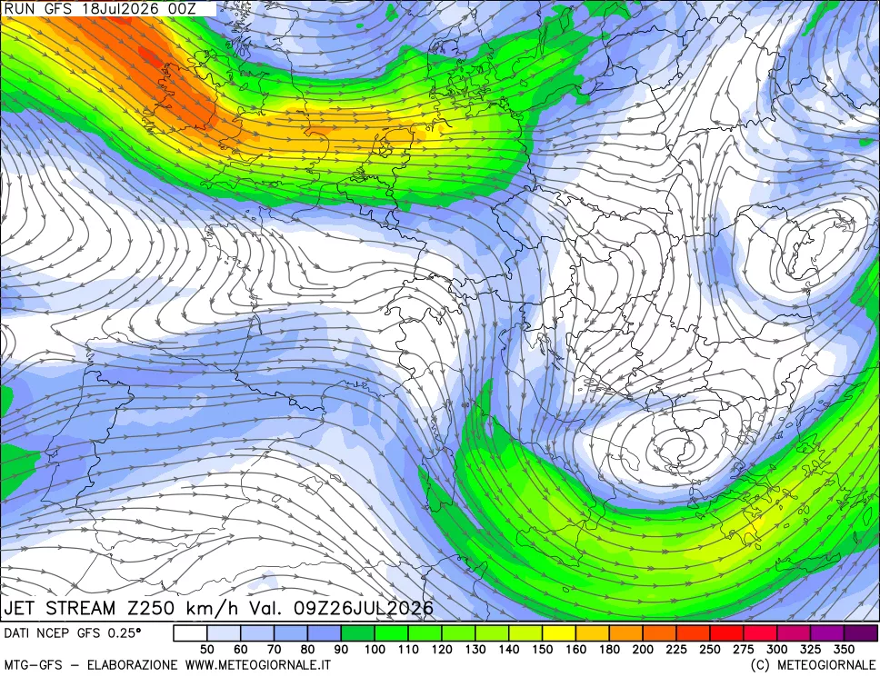mappa 250 hPa Jet stream
