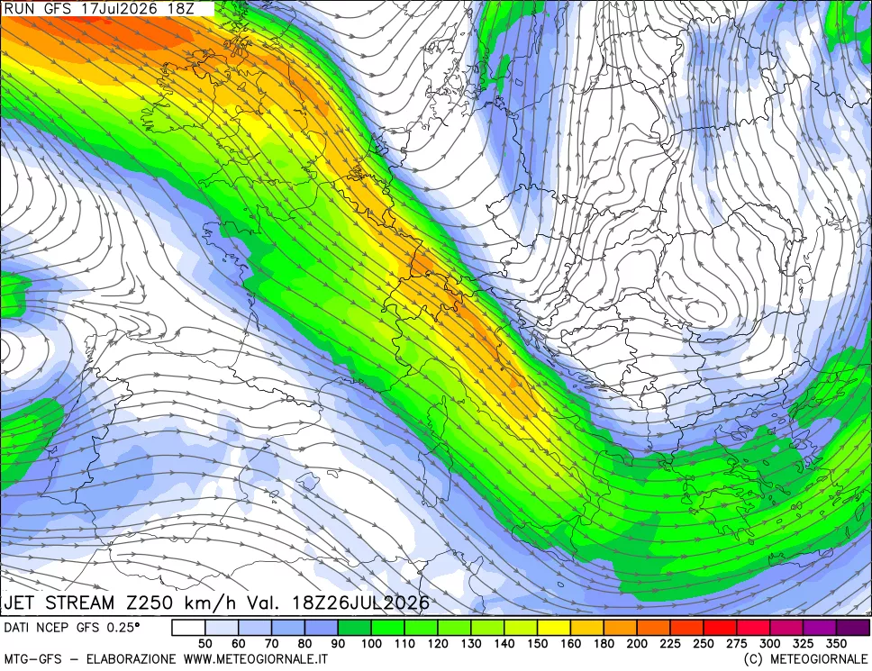mappa 250 hPa Jet stream