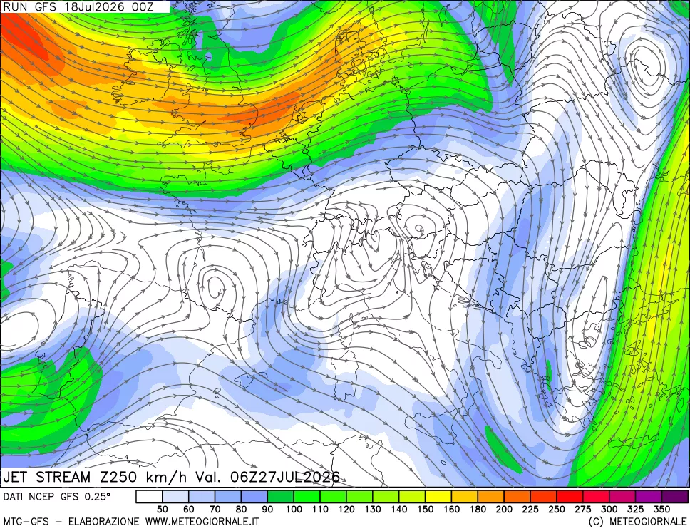 mappa 250 hPa Jet stream