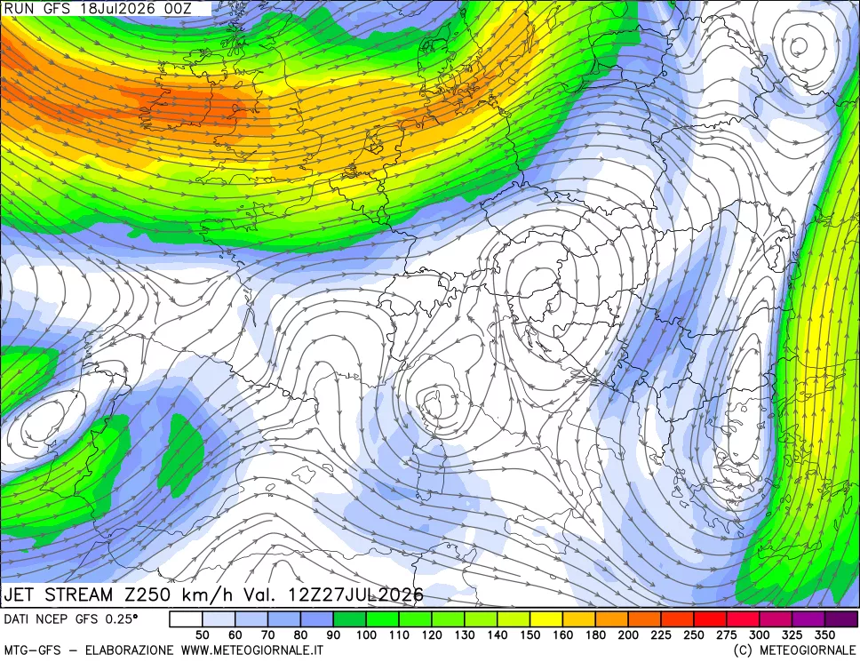 mappa 250 hPa Jet stream