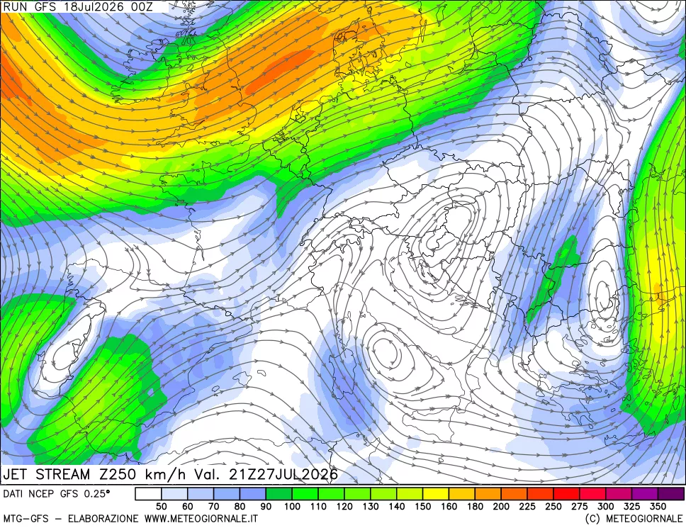 mappa 250 hPa Jet stream