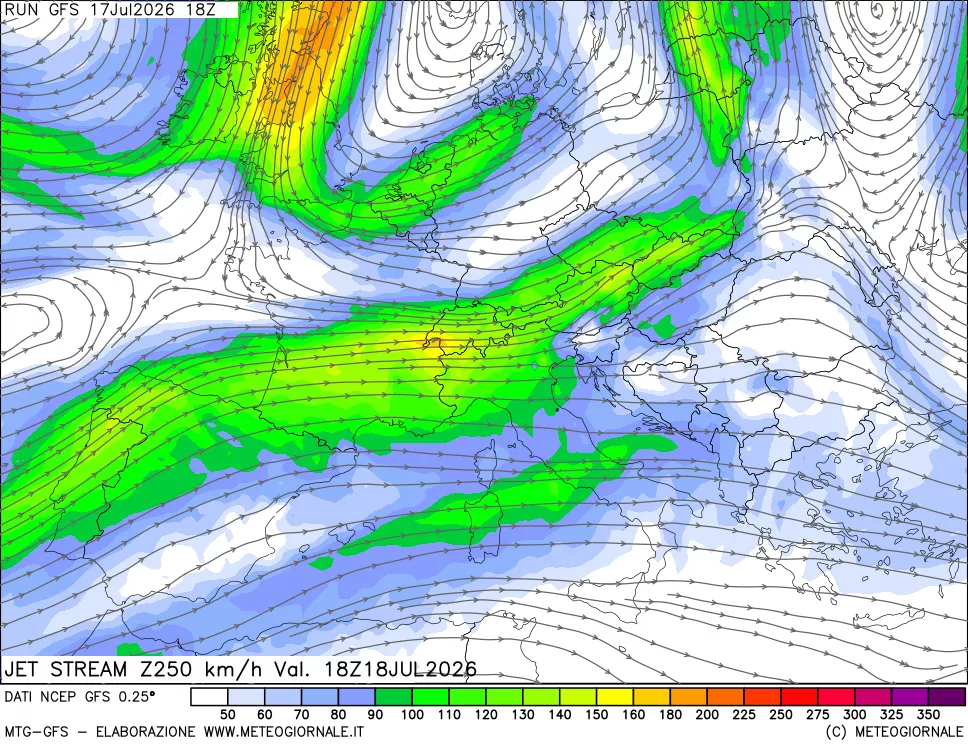 mappa 250 hPa Jet stream