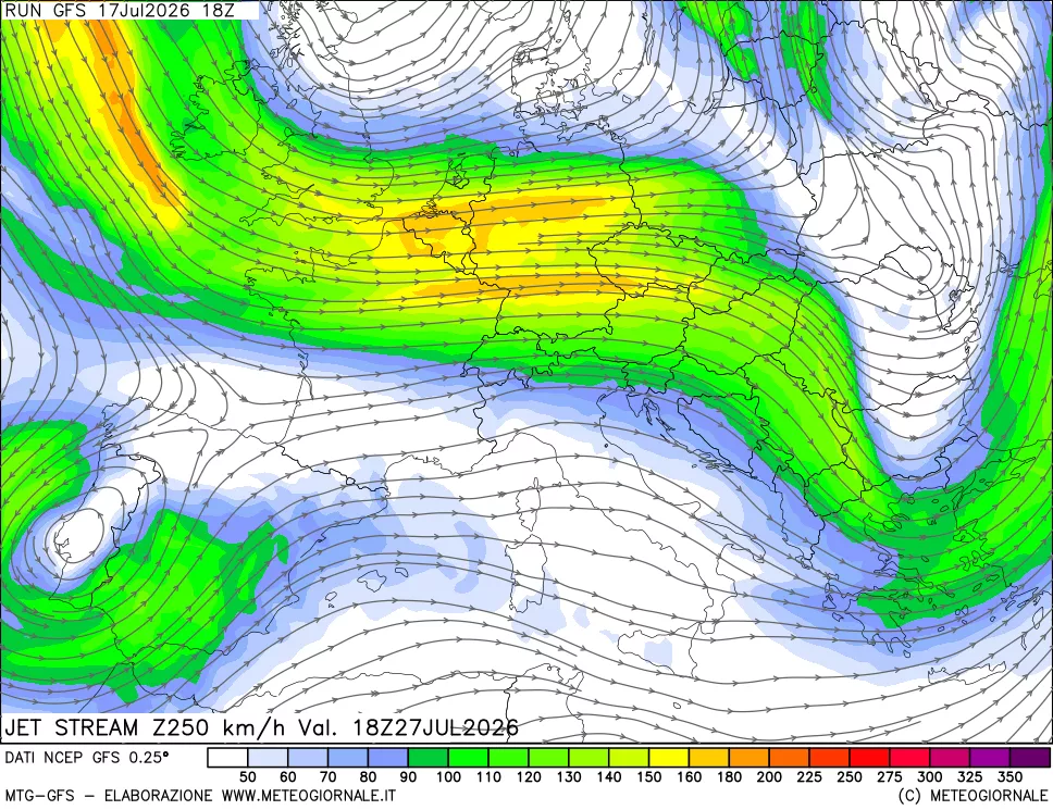 mappa 250 hPa Jet stream