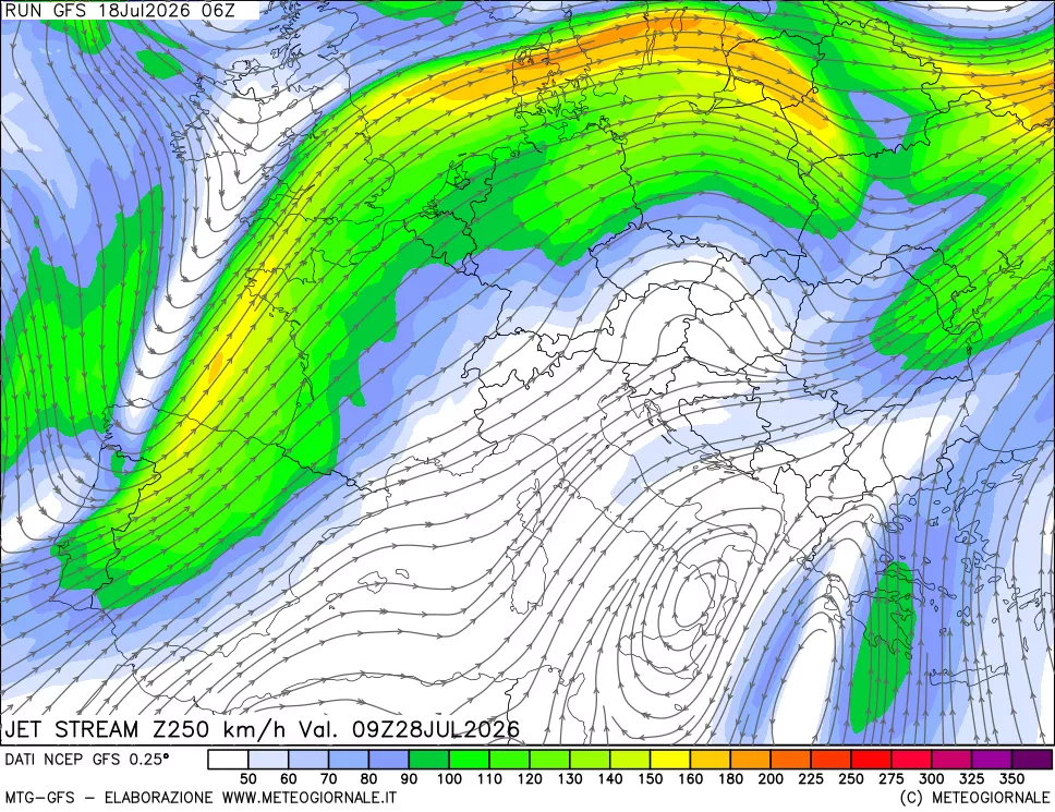 mappa 250 hPa Jet stream