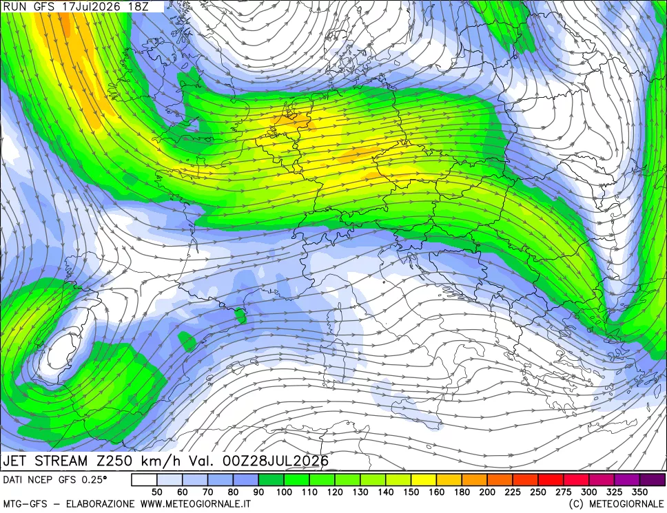 mappa 250 hPa Jet stream