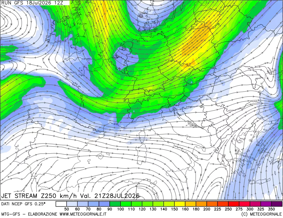 mappa 250 hPa Jet stream