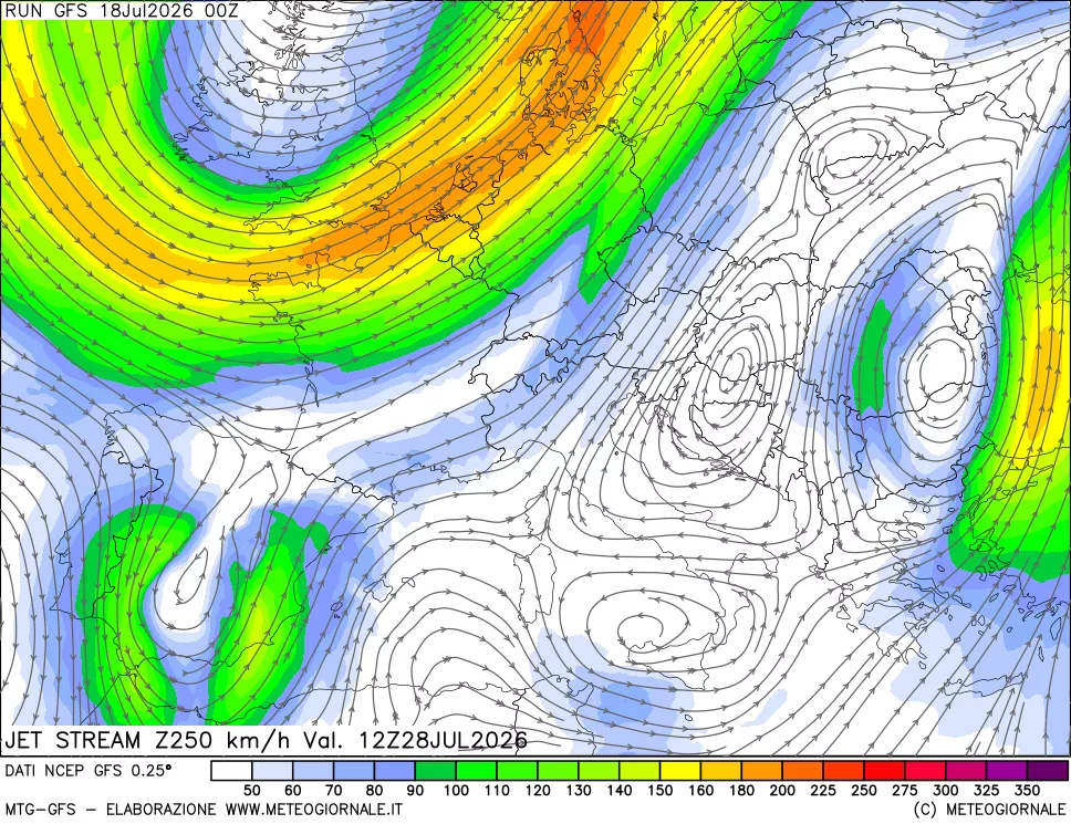 mappa 250 hPa Jet stream