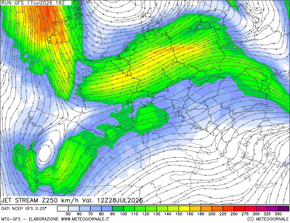mappa 250 hPa Jet stream