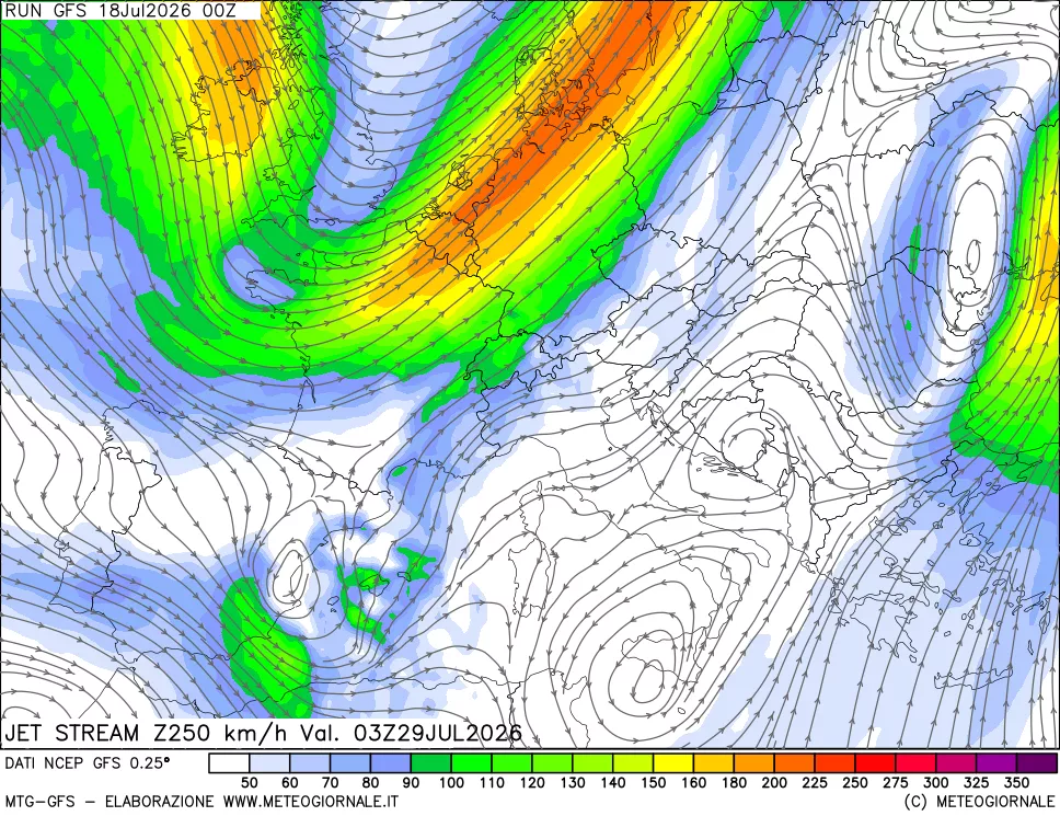 mappa 250 hPa Jet stream
