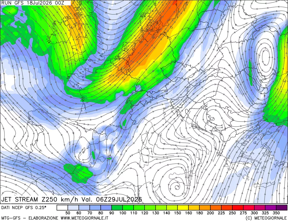 mappa 250 hPa Jet stream